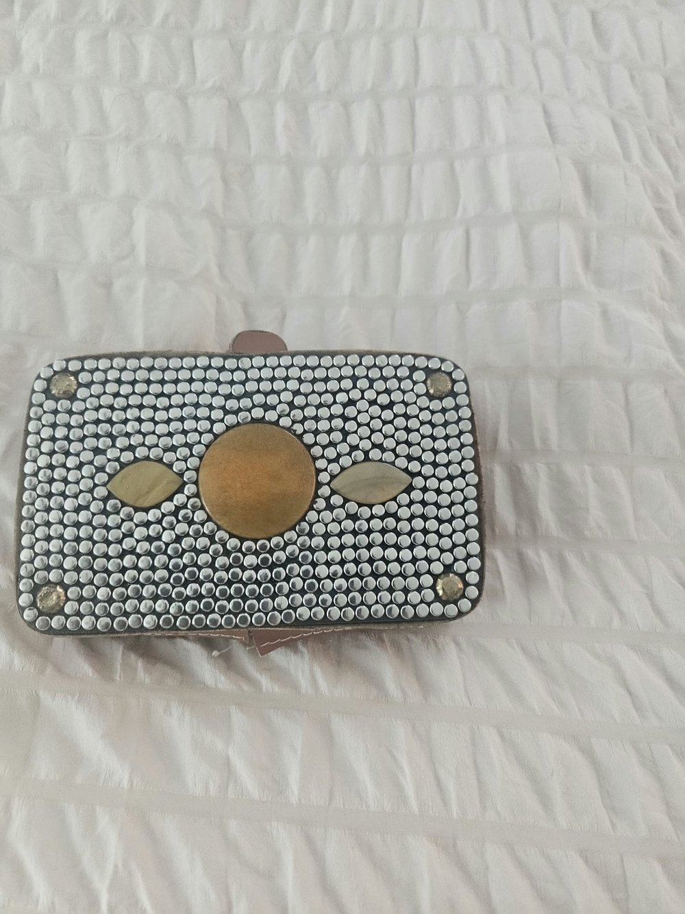 Metal Studded Rectangular Clutch with Gold Accents - Silver/Gold